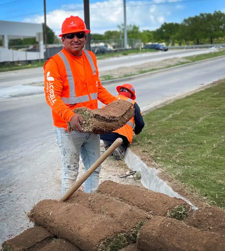 Landscaping crew laying sod on a yard